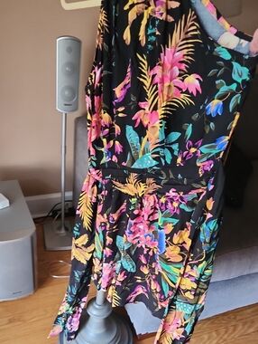 RACHEL Rachel Roy Black Floral Print Romper with Tropical Colors
